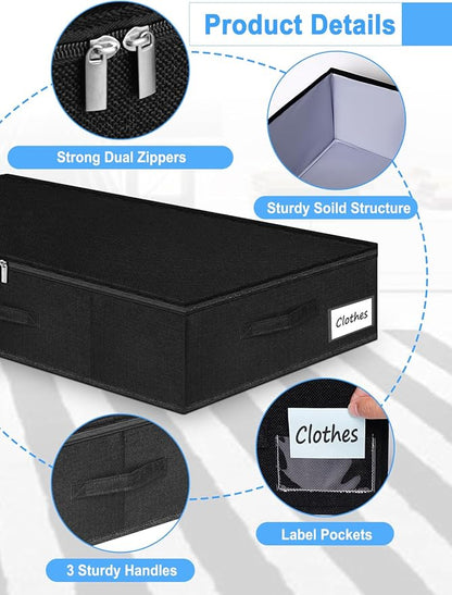 boailydi Under Bed Storage Bags with Zipper, 7 Inch Tall Underbed Storage Containers with Rigid Sides & Bottom,30x15x6.7 Inches, Large Clothes Organizer Box for Bedroom, Dorm, Couch, Black