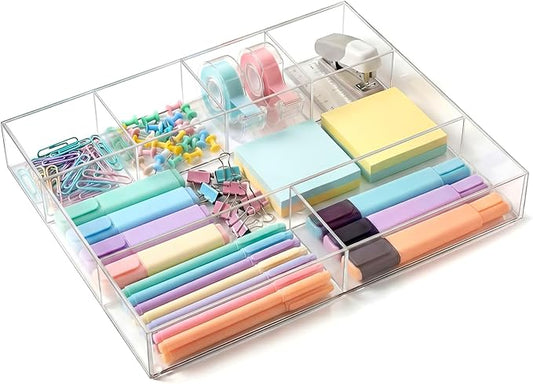 Briwooody Large Acrylic Desk Deep Drawer Organizer with Adjustable Dividers, Anti-Skip Clear Desk Top Organizer Tray for Pens, Desktop, Office, Bathroom, Kitchen, Makeup Supplies(7 Compartments)