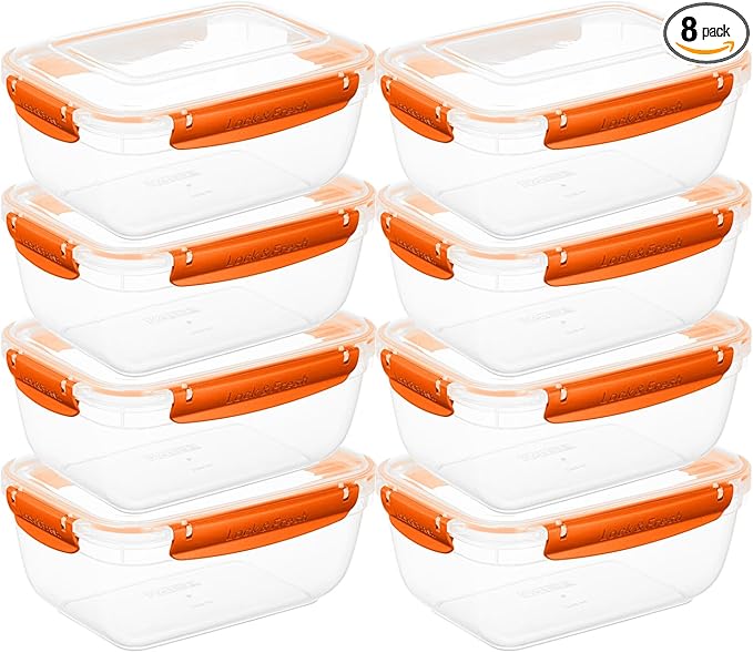 Superio Plastic Food Storage Containers with Airtight Lids, 8 Pack- 80 Oz, BPA Free, Leakproof, Stackable, Microwave, Dishwasher, Freezer Safe, Orange