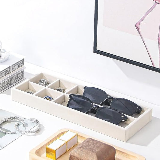 Divided Drawer Organizer Tray, Velvet Jewelry Storage Tray, Necklace Bracelet Ring Earring Display Tray,Bedside Nightstand Desk Holder Tray for Phone Watch Sunglasses Cosmetics Storage/Beige/6grid