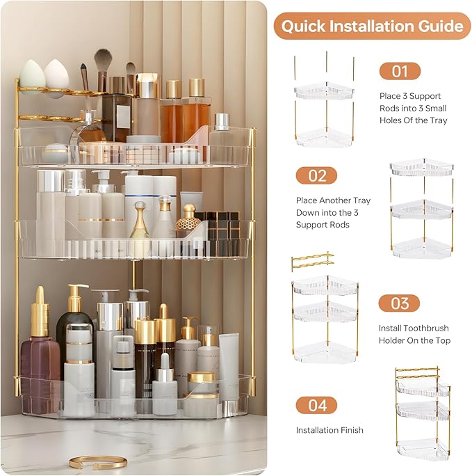 ZZWILLB Corner Bathroom Counter Organizer with Makeup Brush Holder & Toothbrush Holders, Makeup Organizer for Vanity Countertop, Acrylic Skincare Storage Shelf (Clear, 3-Tier)