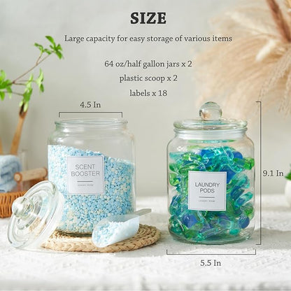 Laundry Pods Glass Jars - Half Gallon Airtight Containers with Scoop and Labels for Organization and Storage Laundry Room Detergents Powder, Scent Booster Beads Holder, Set of 2