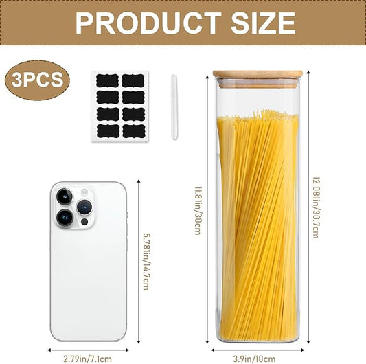 Glass Food Storage Jars with Lids(2.2QT)Square Set of 3 ,Glass Storage Containers Clear Glass Food Canister with Bamboo Lid Airtight For Serving Tea, Coffee Beans, Flour,Cookie, Cereal,Spice and More
