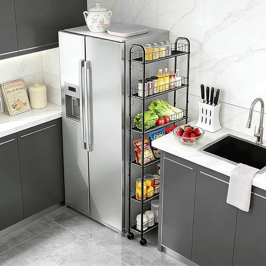 Slim Storage Cart with Wheels, 6-Tier 6in Black Narrow Rolling Shelf,Sturdy Slim Storage Ideal for Kitchen, Bathroom, and Laundry Room