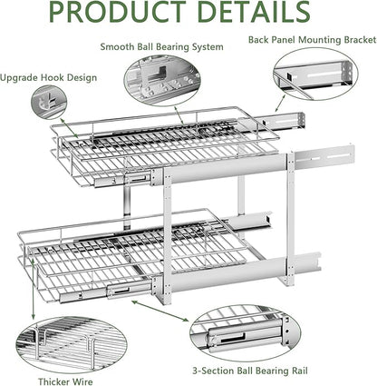 2 Tier Individual Pull Out Cabinet Organizer 11½" W x 21½" D, Heavy Duty Cabinet Pull Out Shelves, Slide Out Drawers Organization for Kitchen Cabinets Bathroom