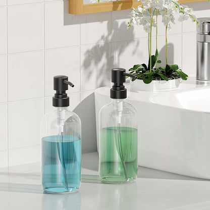AmazerBath Glass Soap Dispenser, 2-Pack Clear Glass Soap Dispenser with Pump Bronze Rustproof, 17 Oz Bathroom Hand Soap Dispenser Bottle for Liquid Lotion, Kitchen Dish Soap Dispenser