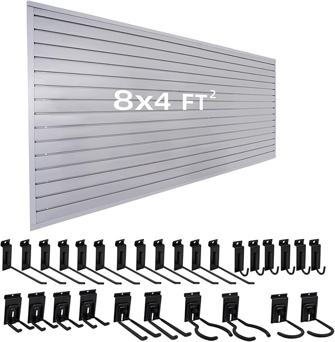 Slat Wall Paneling with 28 Garage Hooks Heavy Duty PVC Wall Panel Grey Slatwall Panel with Locking Slatwall Hook Slatwall with Bike Hooks Power Tool Organizer