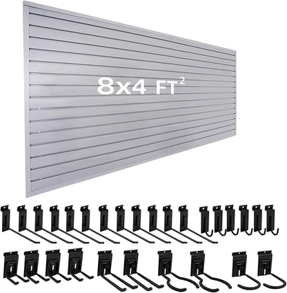 Slat Wall Paneling with 28 Garage Hooks Heavy Duty PVC Wall Panel Grey Slatwall Panel with Locking Slatwall Hook Slatwall with Bike Hooks Power Tool Organizer