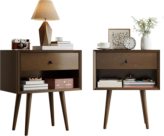 AMERLIFE Solid Wood Nightstand Set of 2, Fully Assembled End Table with Storage Drawer & Open Cubby, Mid-Century Modern Side Table for Bedroom, Walnut