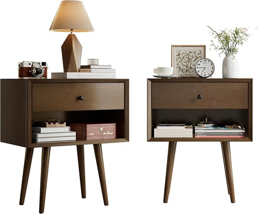AMERLIFE Solid Wood Nightstand Set of 2, Fully Assembled End Table with Storage Drawer & Open Cubby, Mid-Century Modern Side Table for Bedroom, Walnut