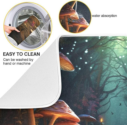 Beautiful Fairyland Road to Forest Big Mushroom Microfiber Dish Drying Kitchen Countertop Table Protector Multipurpose Counter Rack Sink Drainer Pad (16" x 18")