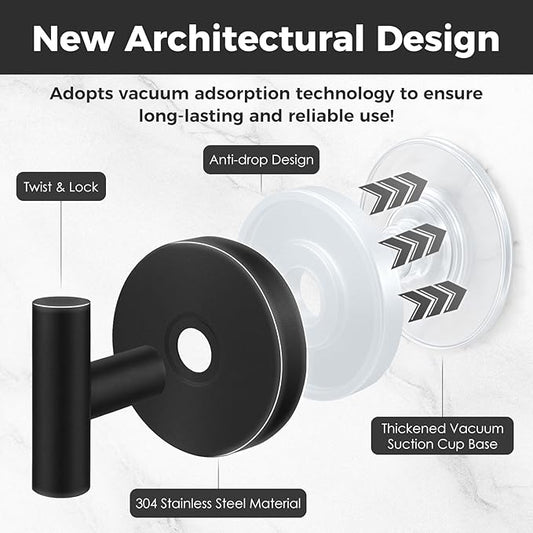 WingWider Shower Hooks for Inside Shower,No-Drill Removable&Reusable Towel Hooks for Bathroom,Heavy Duty Suction Cup Hooks for Glass Window,2 Packs(Black)