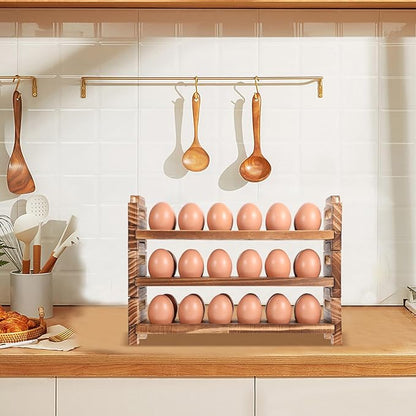 Egg Holder Countertop, 3-Tire Solid Wooden Egg Holder, Stackable Egg Storage Basket Holding Up to 36 Fresh Eggs, Chicken, Duck Eggs - Unfinished