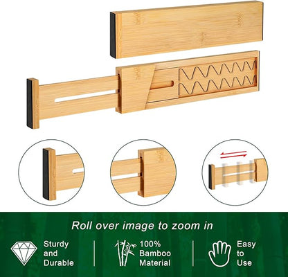 4 Pack Bamboo Kitchen Drawer Dividers with Inserts 2.6" High, Adjustable from 12.5 Inch to 21.7 Inch Drawer Organizers, Expandable Drawer Separators for Clothes, Bedroom, Dresser, Office (Beige)