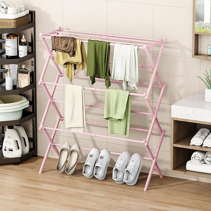 Foldable Drying Rack Clothing, 3-Tier Portable Clothes Drying Racks for Indoor & Outdoor, Anti-Rust Compact Laundry Rack Collapsible, Pink 28" D x 10" W x 35" H