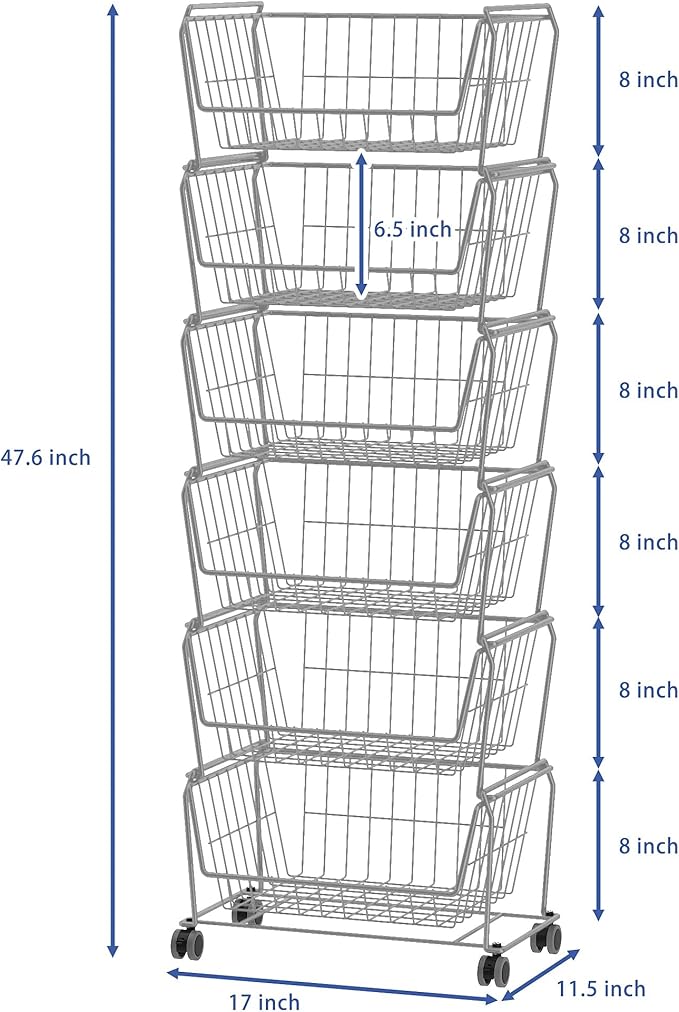 PUSDON Stackable Metal Storage Carts, Dual Use Shelf for Kitchen Fruit Vegetable Baskets with Wheels, Storage Rack for Living Room, Home & Office, Standard Silver Grey 6 Tiers