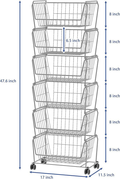 PUSDON Stackable Metal Storage Carts, Dual Use Shelf for Kitchen Fruit Vegetable Baskets with Wheels, Storage Rack for Living Room, Home & Office, Standard Silver Grey 6 Tiers