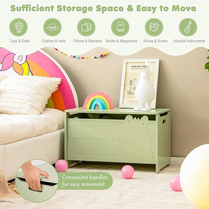 Costzon Wooden Toy Box, Kids Large Trunk Chest with Safety Hinge & Handles, Flip-Top Storage Organizer for Children’s Playroom Bedroom Living Room Entryway (Green)