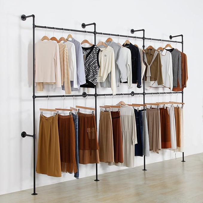 Modern Simple Industrial Pipe Clothing Rack, Display Stand Wall Mounted Clothes Garment Rack Heavy Duty Hanging Clothes Rods Bar for Closet Storage, 134in Black