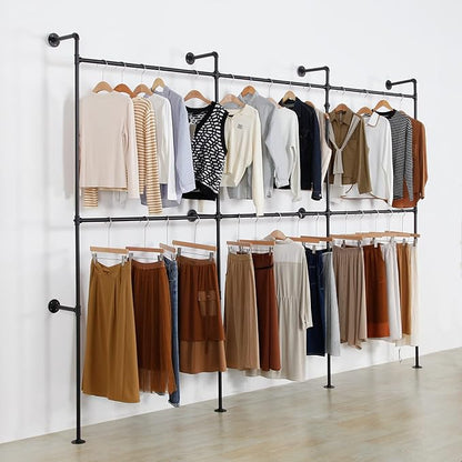 Modern Simple Industrial Pipe Clothing Rack, Display Stand Wall Mounted Clothes Garment Rack Heavy Duty Hanging Clothes Rods Bar for Closet Storage, 134in Black