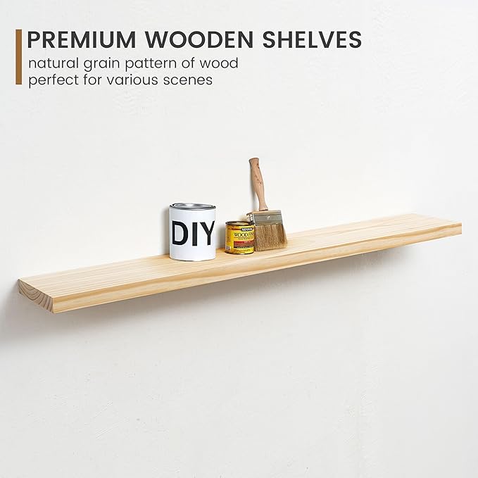 Fun Memories 48 Inch Floating Shelves for Wall, Deep Rustic Solid Wood Floating Shelf - Farmhouse Wall Mounted Display Shelf with Heavy-Duty Metal Bracket, 48" W x 8" D, Set of 1, Unfinished for DIY