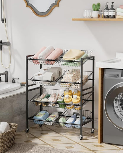 Evermagin 25.2''W Kitchen Storage Cart, Rolling Snack Cart, 4 Tier Fruit Basket Vegetable Stand, Metal Pantry Storage Organizer with 8 Removable Baskets for Onion Potato, Black