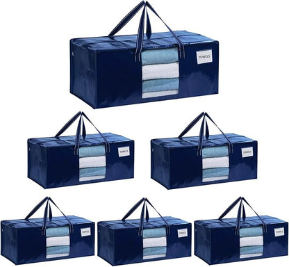 VENO 6 Pack Heavy Duty Moving Bags, Christmas Storage Bins with Lids, Transparent Window Design, Alternative to Moving Boxes, Storage Bags for Clothes, Blankets, Comforters, Pillows (Blue, 6 Pack)