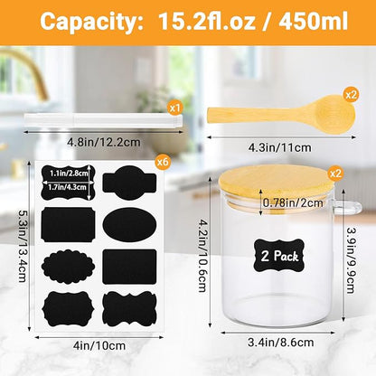 Glass Jars with Bamboo Lids and Spoon - 2 Pack 15 Fl.oz Round Glass Storage Jars with Airtight Lid, Clear Stackable Sugar and Coffee Container Set for Overnight Oats, Spice, Loose Tea,Candy