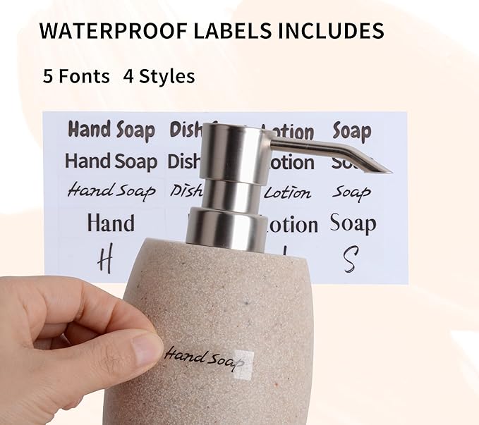 Clasin Home Sandstone Textured Resin Soap Dispenser with Metallic Pump and Waterproof Bottle Labels for Bathroom Kitchen Dish Hand Wash Shower Lotion Shampoo, 12 Oz, Beige