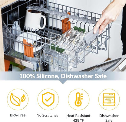 Tomorotec Adjustable Over-The-Sink Kitchen Rack for Dishcloths, Sponges, and Brushes - Heat-Resistant Stainless Steel with Slim, Expandable Design and Multifunctional Silicone Holder (Army Green)
