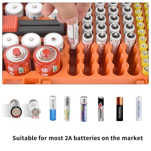 Battery Organizer Storage Case with Tester Checker. Batteries Holder Box Container for 120+ AA AAA 9V C D Lithium CR2025 CR1632 CR2032 Coin Cell Battery with Wall-Mounted Design -Orange
