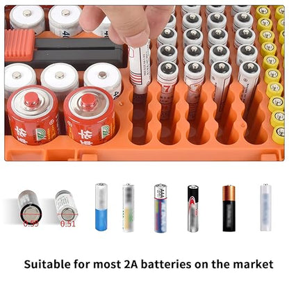 Battery Organizer Storage Case with Tester Checker. Batteries Holder Box Container for 120+ AA AAA 9V C D Lithium CR2025 CR1632 CR2032 Coin Cell Battery with Wall-Mounted Design -Orange