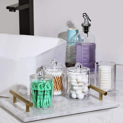 AOZITA 4 Pcs, Acrylic Qtip Holder Dispenser for Cotton Swab, Ball, Round Pads, Floss Picks - Clear Plastic Apothecary Jar Set for Bathroom Canister Storage Organization, Vanity Makeup Organizer