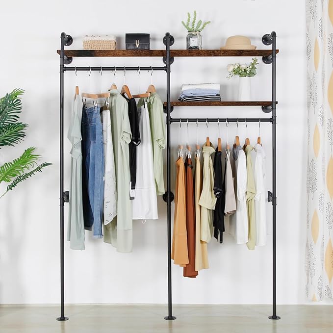 Industrial Pipe Clothing Rack - Black Wall Mounted Clothes Rack with 2 Hanging Rods & 2 Wooden Shelves, Closet Organizers and Storage for Retail Store, Bedroom (79.5 x 59in)