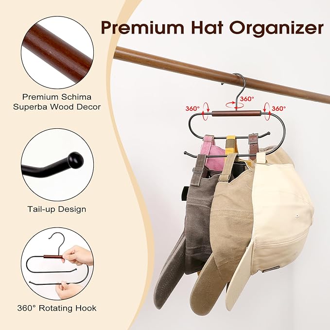 LoforHoney Hat Hanger for Closet, Hat Organizer for Baseball Caps, Wooden & Metal Hat Rack, Double-Layer Hanging Rack Holds 10 Hats, Ideal for Hats, Ties, Bags, Belts, Leggings (1 Pack)