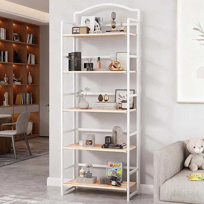 JSB No Assembly Folding Bookshelf, 5 Tier Book Shelf for Storage, Vintage Wood Foldable Bookcase for Living Room, Bedroom, Office Organization Shelves