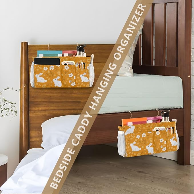 CuwrYet Bedside Caddy Hanging Bunk Bed Caddy Bed Organizer Hanging Pocket with 2 Hooks Bedside Storage Organizer Pocket Bag Holder White Flowers Bunny Orange Leaf