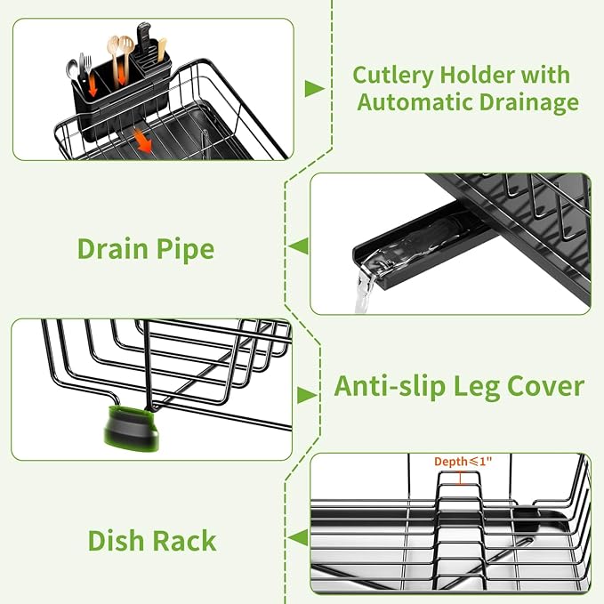 DMTXCRP Dish Drying Rack with Drainboard for Kitchen Counter, Large Capacity Durable Rustproof Stainless Steel Dish Drainer Rack with Removable Flatware Caddy -Black
