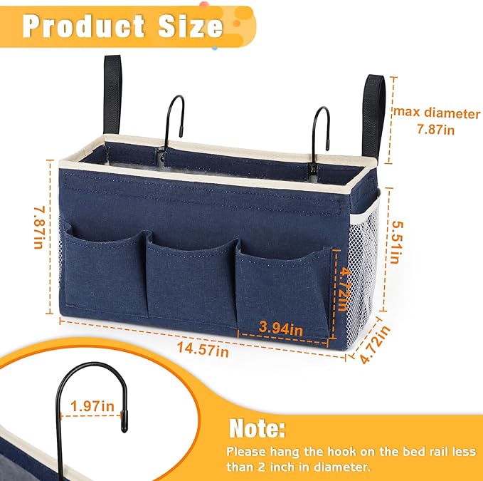 Lilithye Bedside Caddy Bedside Organizer Bedside Storage Caddy with Fixed Straps and Water Bottle Holder for Home College Dorm Bunk Bed Hospital Bed Crib Bed Rails (Navy Blue)