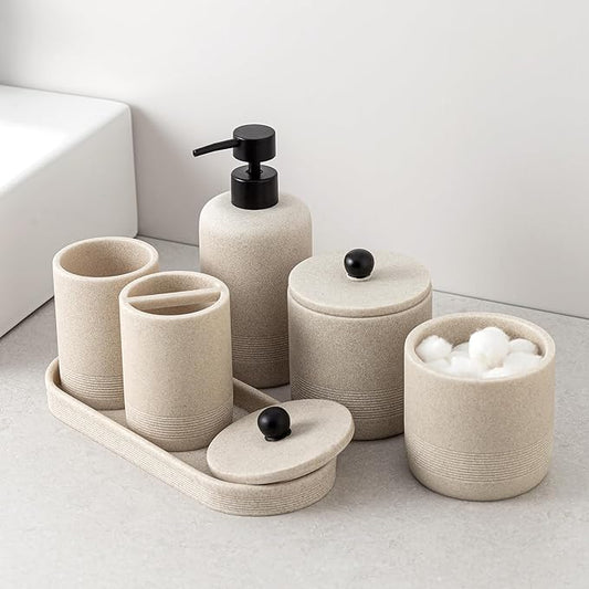 Haocoott Bathroom Accessories Set, 6 PCS Modern Bathroom Accessory Set with 15.2 OZ Soap Dispenser, Toothbrush Holder, Vanity Tray, Tumbler, 2 PCS Qtip Holders (Beige)