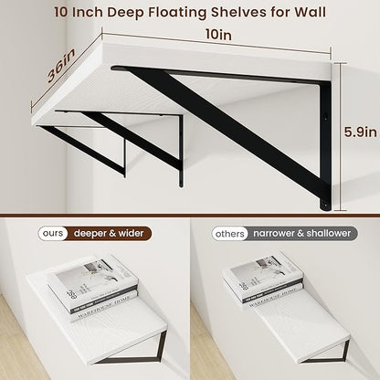 Axeman Deep Floating Shelves | 36 Inch White Wall Shelves Set of 2 | 10 Inch Deep Wood Floating Shelves for Wall | 36" W x 10" D White Shelves for Living Room Bathroom Kitchen