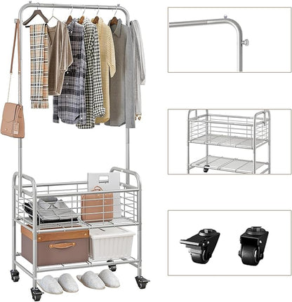 SUOERNUO Laundry Cart with Hanging Rack Rolling Laundry Hamper Sorter with Wheels Shelf,Grey
