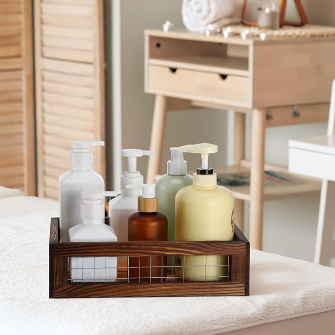 4 Pcs Wooden Nesting Countertop Baskets 4 Size Wooden Storage Box with Handle and Metal Wire Multipurpose Wood Organizer Crate for Fruit Vegetable Kitchen Cabinet Bathroom(Walnut,Small)