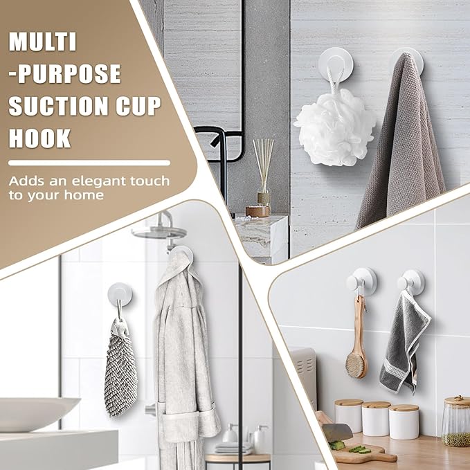 Fenas Suction Cup Hooks for Shower No-Drill Bathroom Hooks for Towels, Robes, Loofah Mountable on Bathroom Walls, Kitchen, Glass, Mirrors, Tile and Smooth,Non-Porous Surfaces (4, White)
