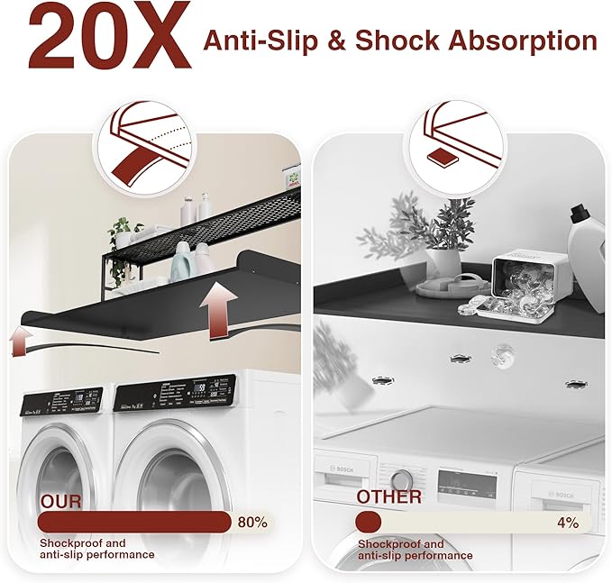 DTK Washer Dryer Countertop with Shelf, 27.55" Depth x 54" Width Laundry Wood Top Cover with Anti-Slip Strips, Over Washer and Dryer Wood Countertop with Edge Rails, Black