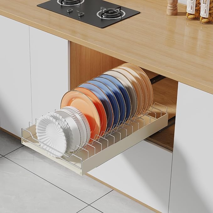 Pull-Out Cabinet Dish Drying Rack - Dish Drying Rack Stainless Steel 2-Tier Kitchen Organizer for Plates Bowls, Under-Counter Space Saving Storage Rack, Adjustable（White）
