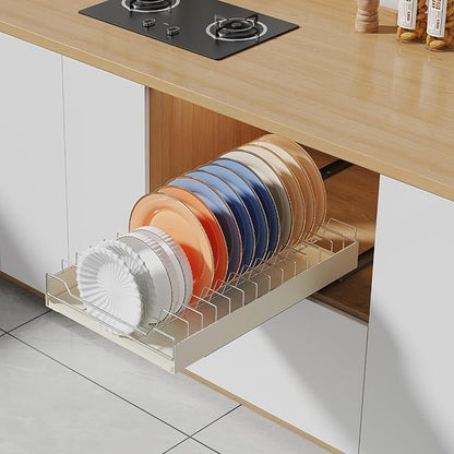 Pull-Out Cabinet Dish Drying Rack - Dish Drying Rack Stainless Steel 2-Tier Kitchen Organizer for Plates Bowls, Under-Counter Space Saving Storage Rack, Adjustable（White）