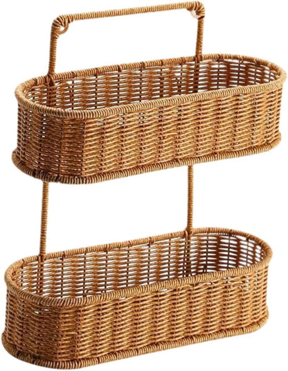 Woven Hanging Organizer Basket, 2 Tier Hanging Fruit Basket, Hand Woven 2 Tier Basket Stand for Bedrooms, Kitchen Entrances, Oval