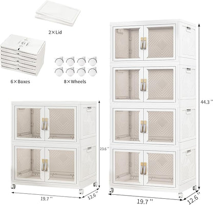 Vavkorkula Large Clear Stackable Storage Bins with 2 Lids, 270QT-45QT*6Tier Foldable Cabinet for Closet Organizers, Plastic Storage Box with Wheels White