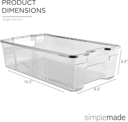 SIMPLEMADE Clear Refrigerator Organizer Bins - Clear Bins for Fridge, Containers for Fridge and Freezer, Multipurpose Storage for Kitchen, Office, Bathroom, Silver Rim (8.5" x 14.6")